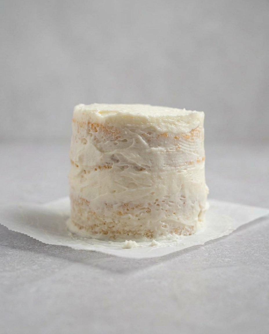 Overhead view of vanilla cake mix, heavy cream, and simple syrup ingredients for bento cakes