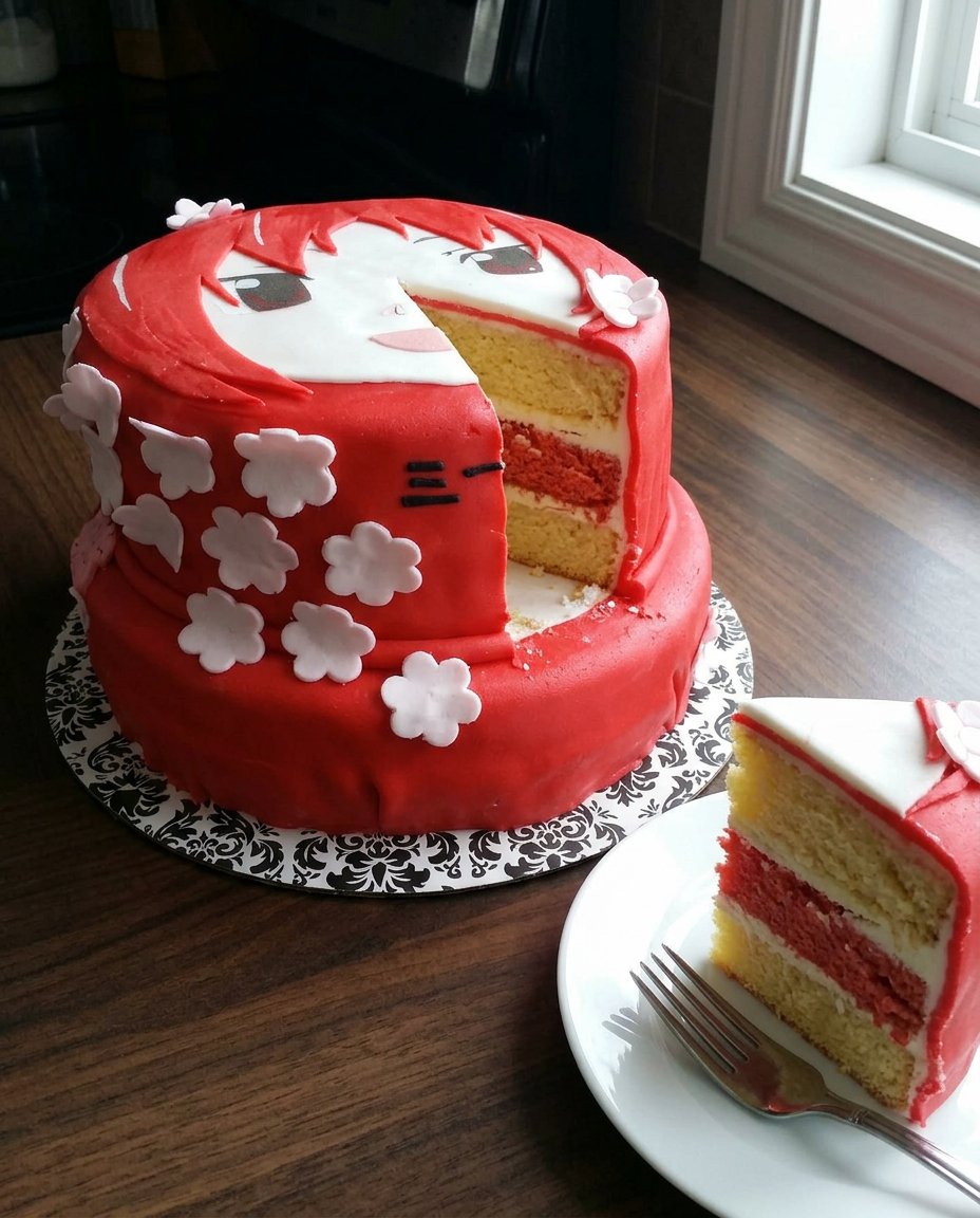 A vibrant anime cake with bold black outlines and a lemon yellow base
