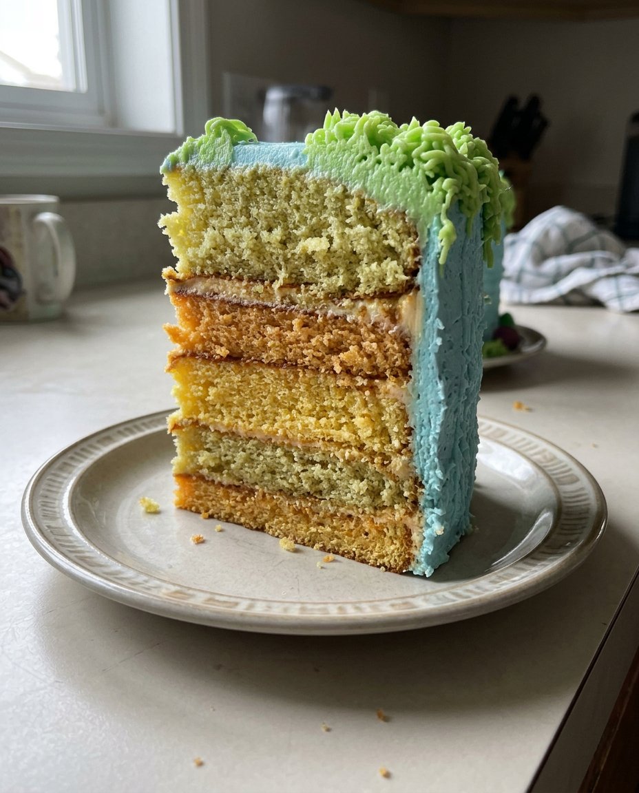A sliced lemon rainbow cake showing vibrant internal layers and a glossy glaze.