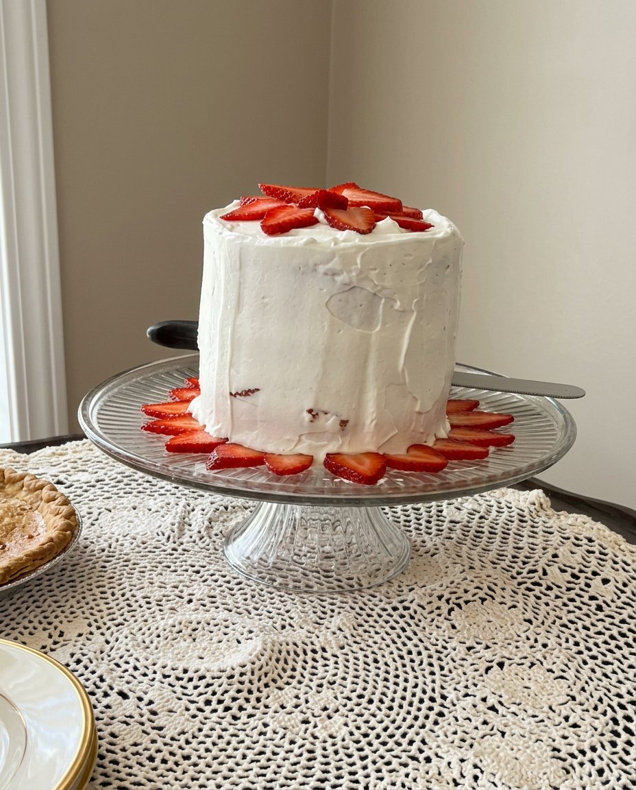 A close up of a sliced Strawberry Cake 3 with pink frosting and fresh berry garnish.