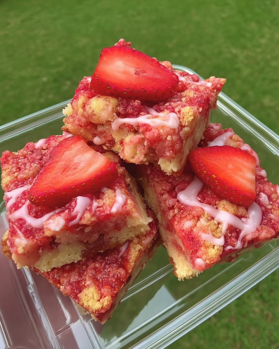 A close up shot of a sliced Strawberry Crunch Cake 2 showing the pink crumb and golden topping