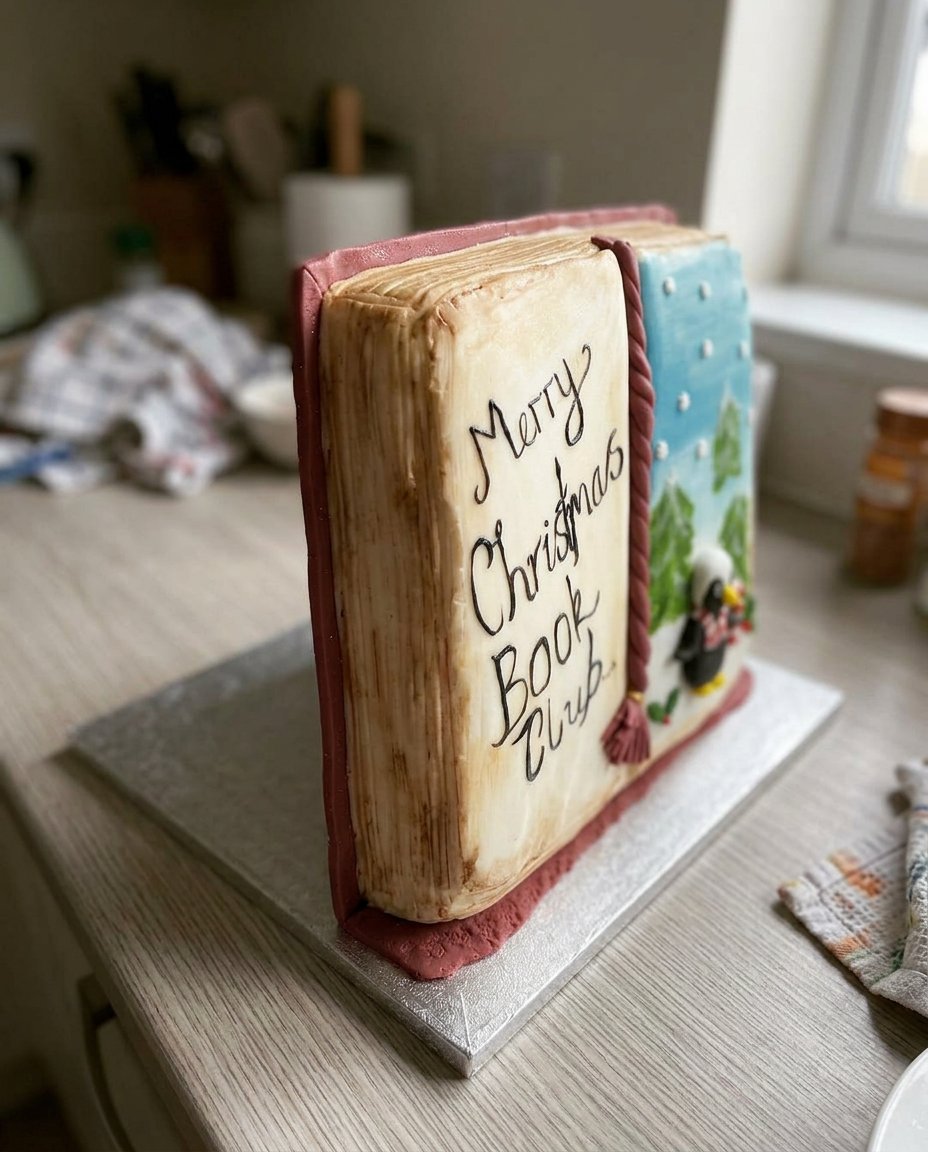 A rectangular book cake decorated with pink royal icing flowers on a rustic wooden table