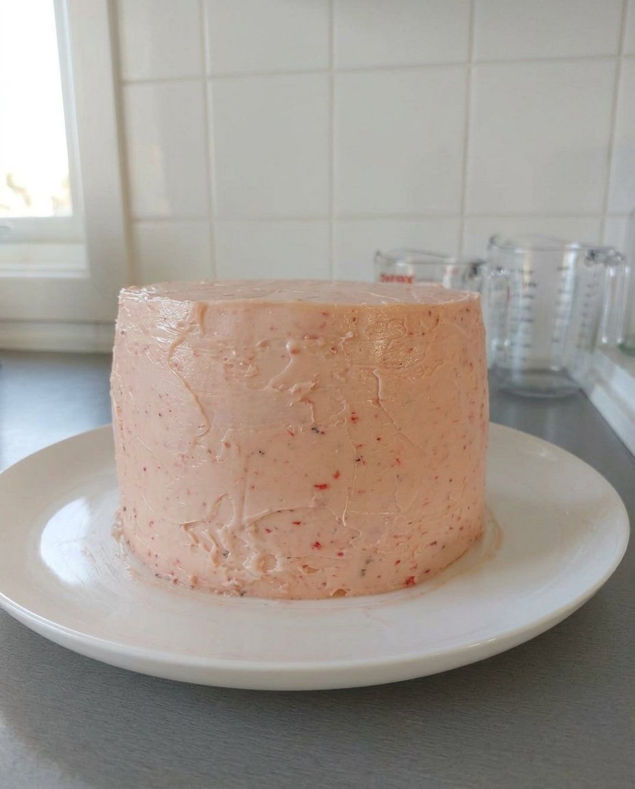 Silky white chocolate frosting being spread onto a pink strawberry cake