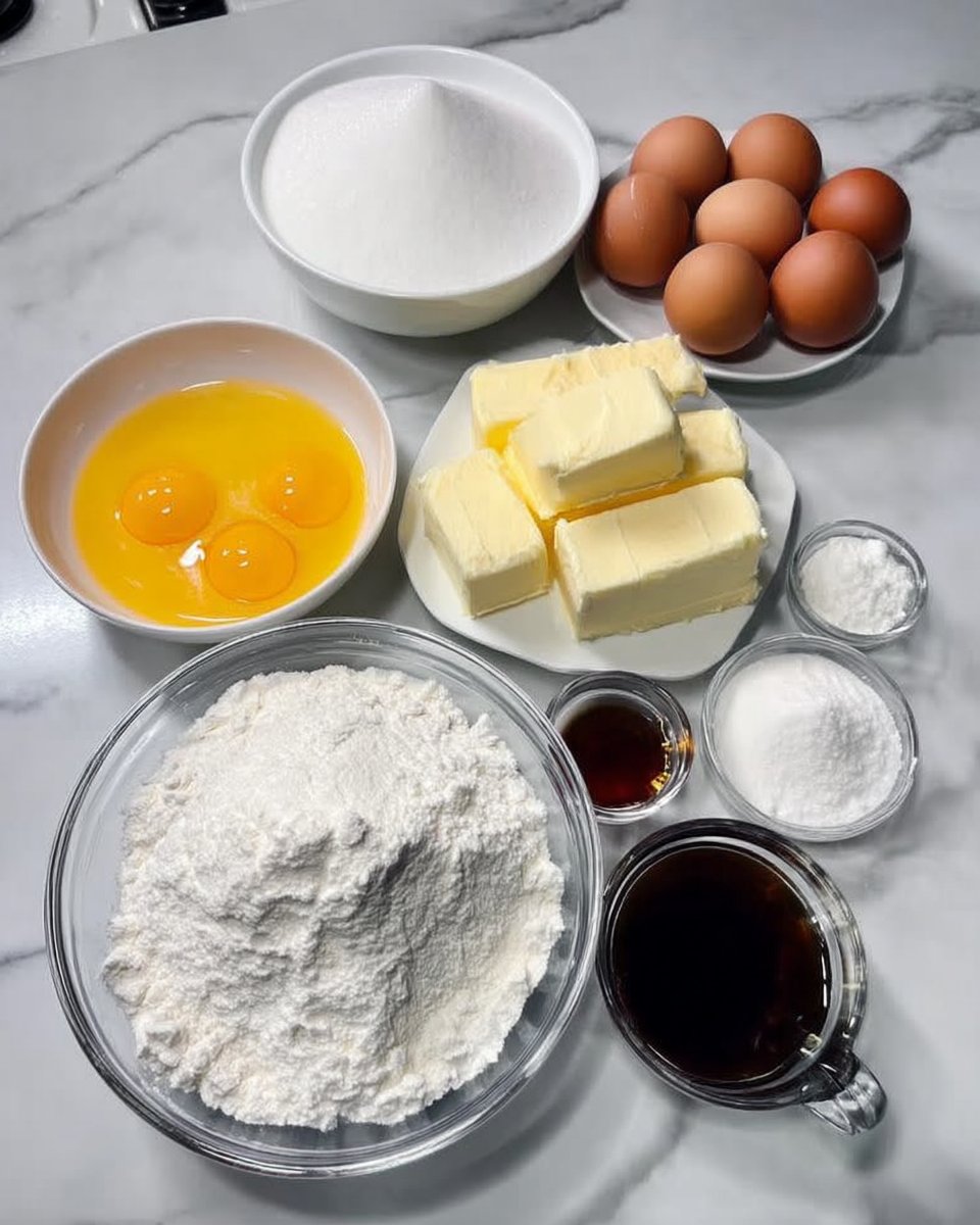 Mis en place for yellow cake including buttermilk and cake flour
