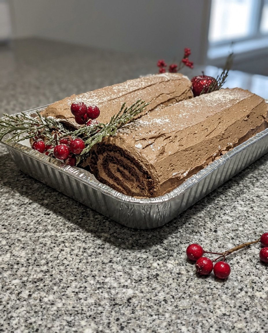 Slices of moist Yule log cake showing the cocoa cream swirl
