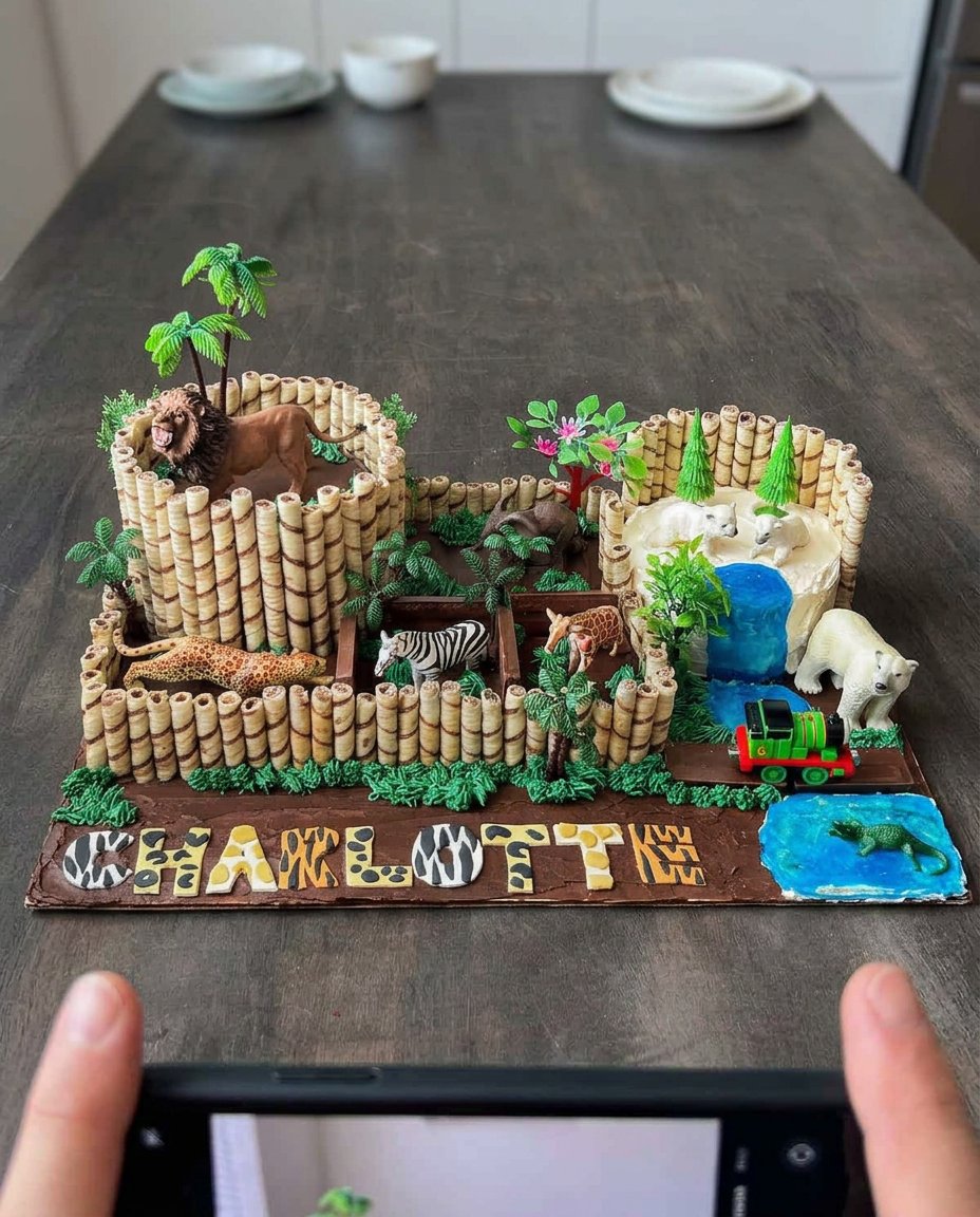 A large zoo themed animal cake with fondant safari letters and biscuit fences.
