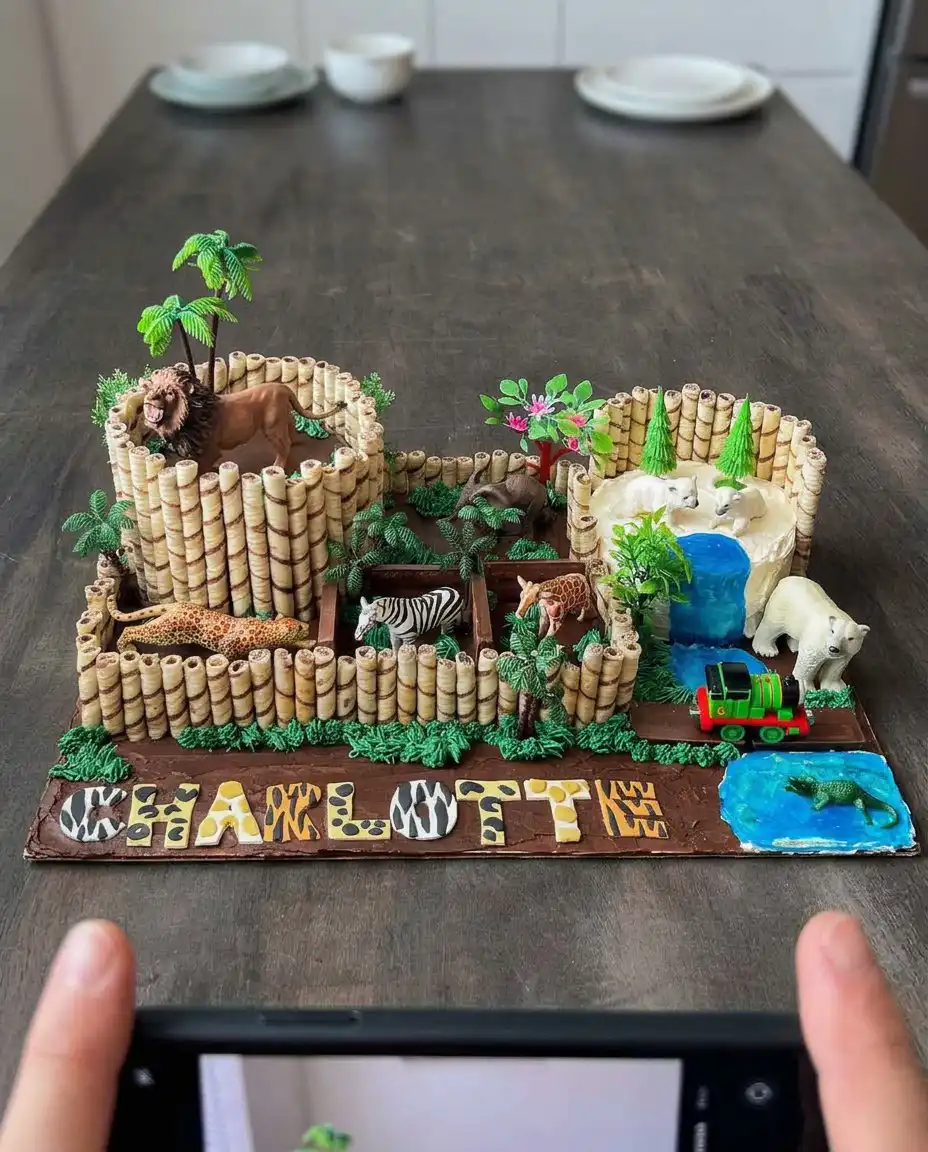 Animal Cake 10 A large zoo themed animal cake with fondant safari letters and biscuit fences.