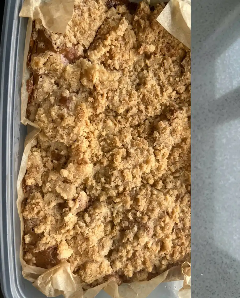 A 9x13 baking dish containing a fully baked Strawberry Rhubarb Cake with a golden brown crust.