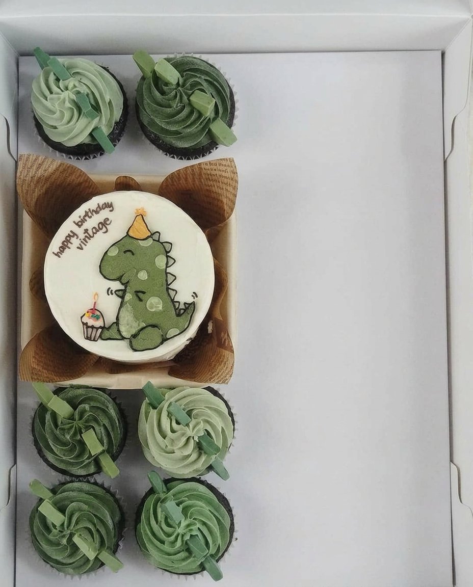 A bento cake in a small box next to a cup of coffee