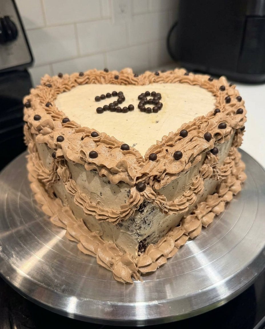 A beautiful pink heart shaped cake with intricate shell borders and cherries
