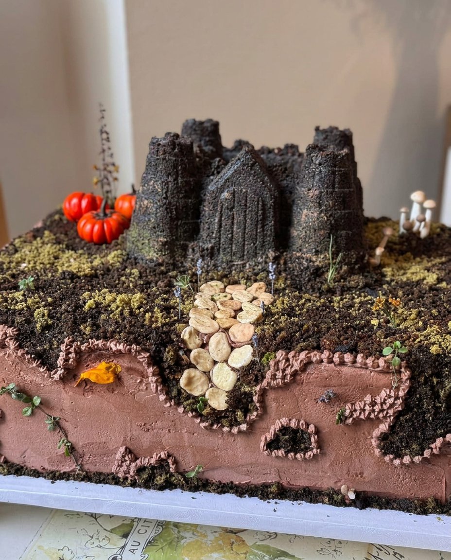 A multi-tiered castle cake with pink turrets and green vines.