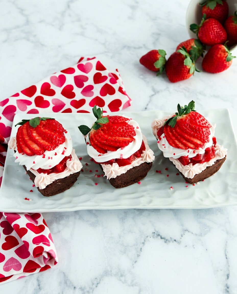 A close up of a chocolate strawberry cake with a ruby red glaze soaking into the sponge.