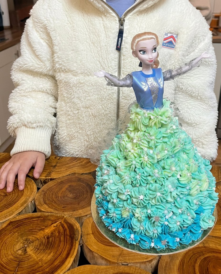 Elsa doll cake with light blue icing and snowflake sprinkles