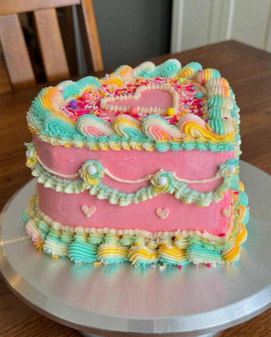 Cake Heart 13 Close up of pink frosting being smoothed over a heart shaped cake