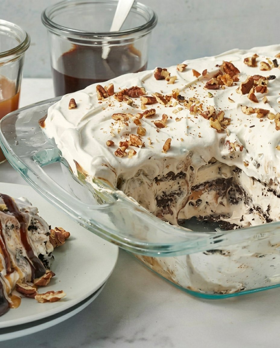 Ice cream sandwich cake showing vertical layers and sugar cone toppings
