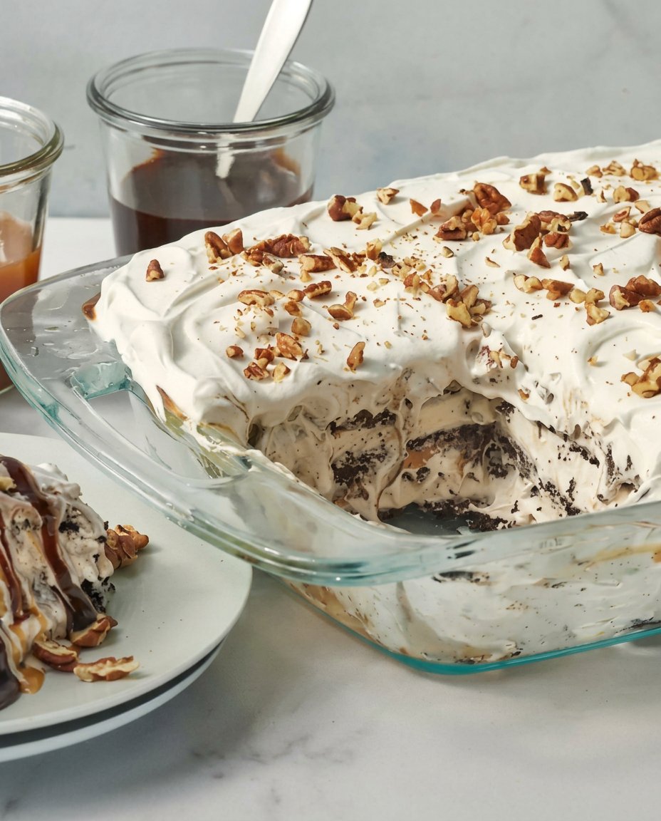 Finished ice cream sandwich cake topped with sugar cones and M&Ms