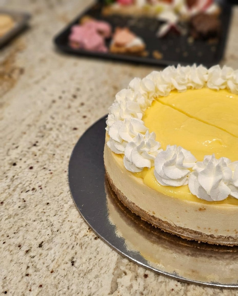 A slice of lemon cheesecake with a golden curd topping