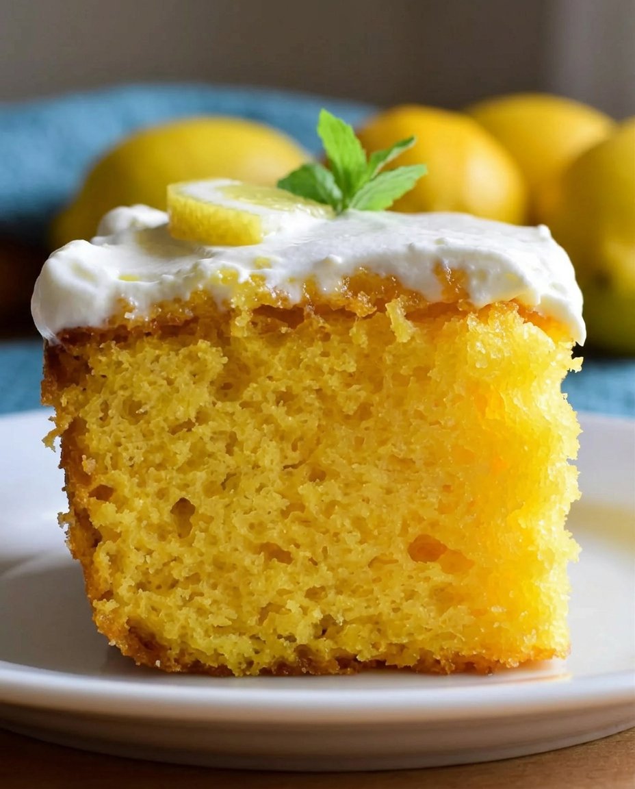 Overhead view of a beautifully soaked Lemon Poke Cake 2 with a glossy lemon glaze