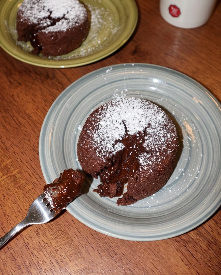 A close up of a chocolate lava cake being cut to reveal a flowing molten ganache center.