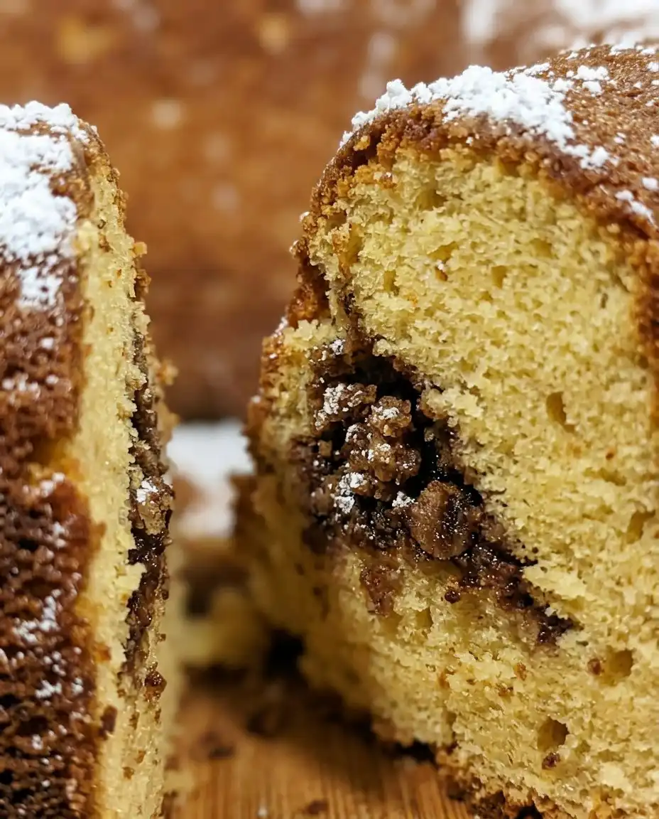 A cleanly sliced piece of Sock It To Me Cake revealing the intact cinnamon ring