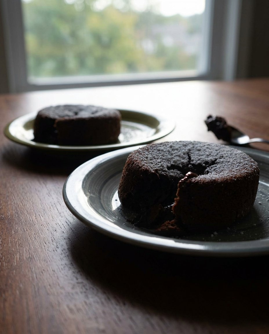 A plated chocolate lava cake dusted with cocoa and served with fresh raspberries.