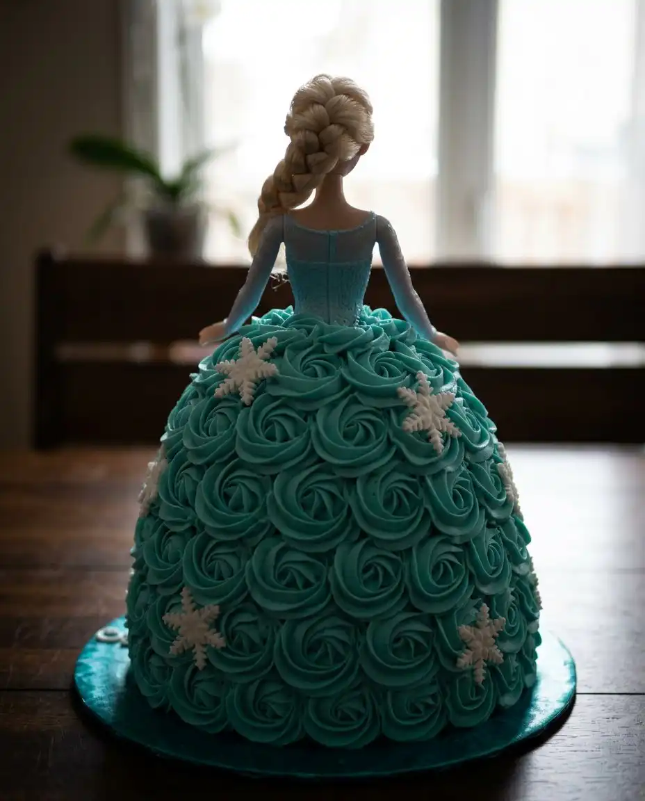 Elsa Cake 13 Adding blue piping detail to an Elsa cake