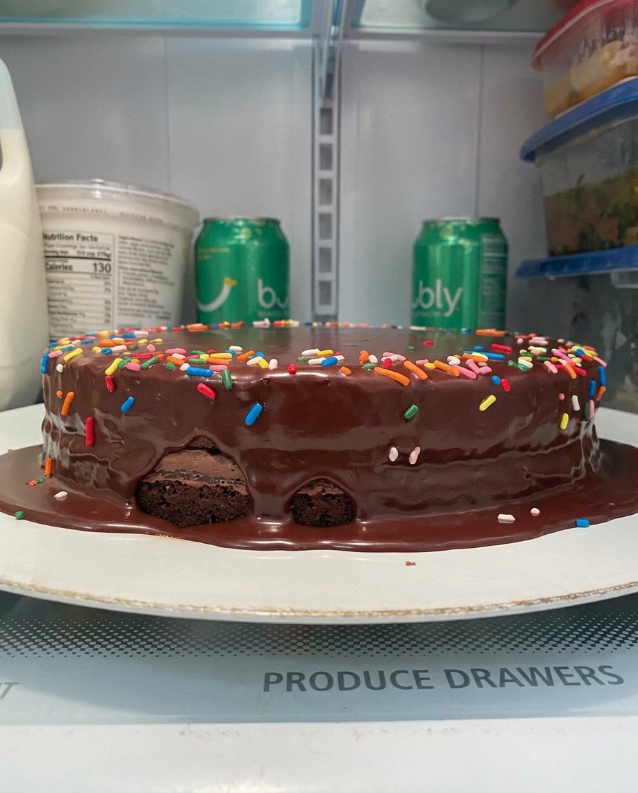 Warm chocolate ganache being poured over a freshly baked cake
