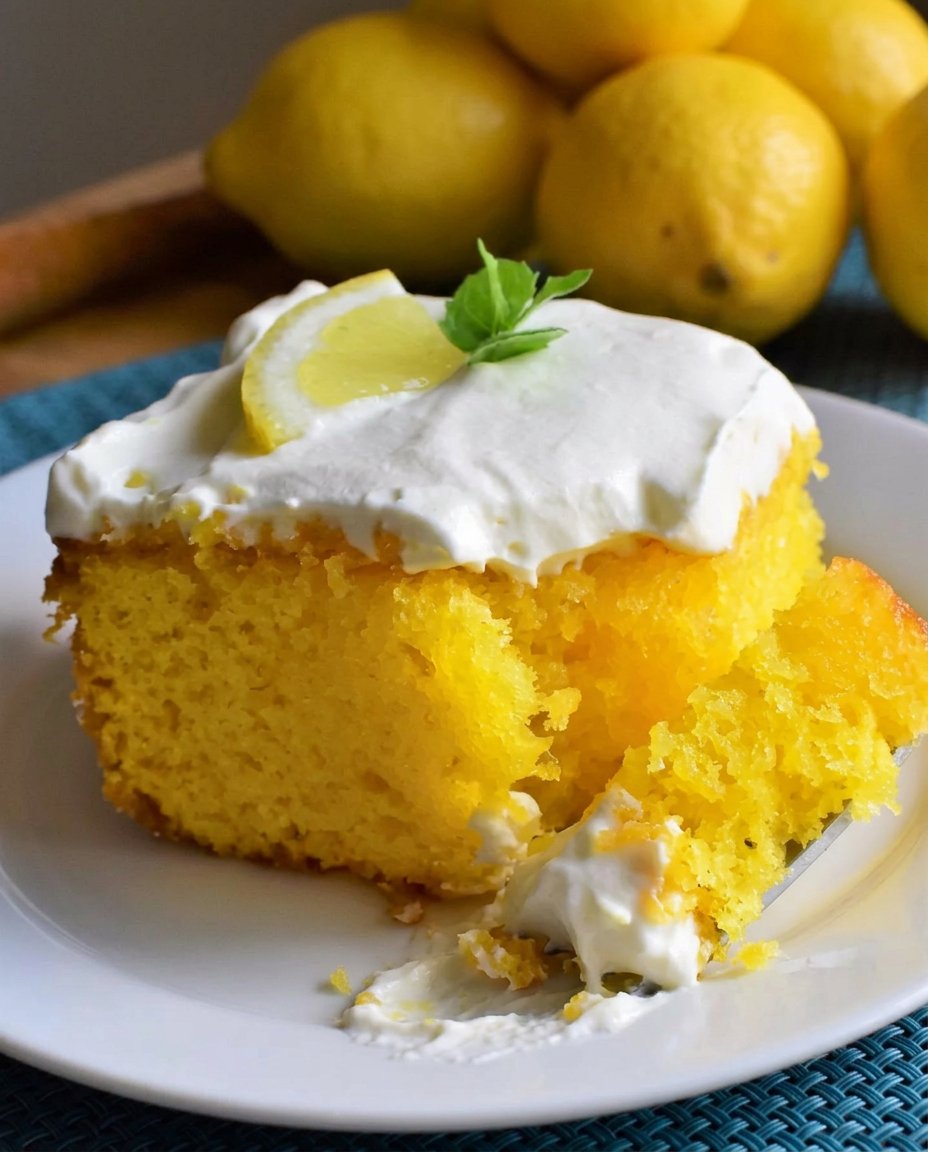 A perfectly cut slice of Lemon Poke Cake 2 topped with fresh berries and whipped cream