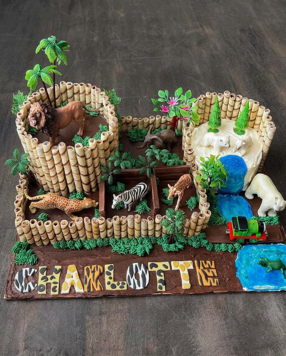 A slice of the animal cake showing perfect vertical zebra stripes inside.