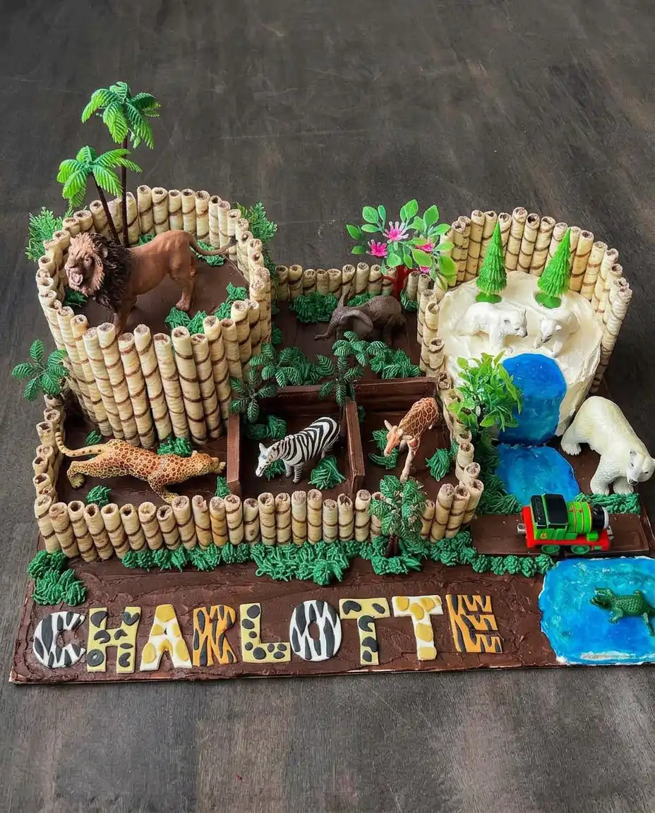 Animal Cake 14 A slice of the animal cake showing perfect vertical zebra stripes inside.