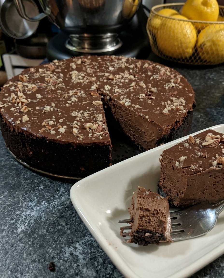 Chocolate Truffle Cake 14 A sharp slice of chocolate truffle cake on a white plate with a fork