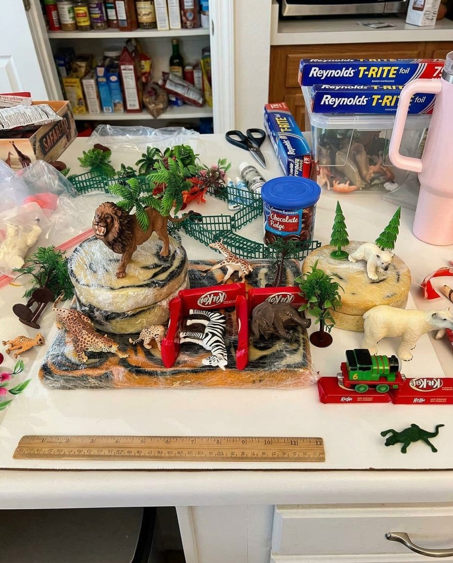 Mehmet smoothing white vanilla buttercream over round zebra striped cake layers.