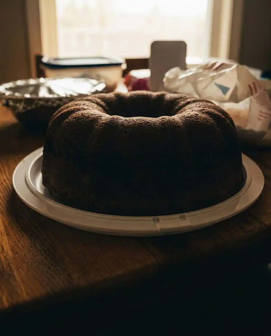 A close up of pouring batter over the cinnamon pecan streusel layer in a bundt pan