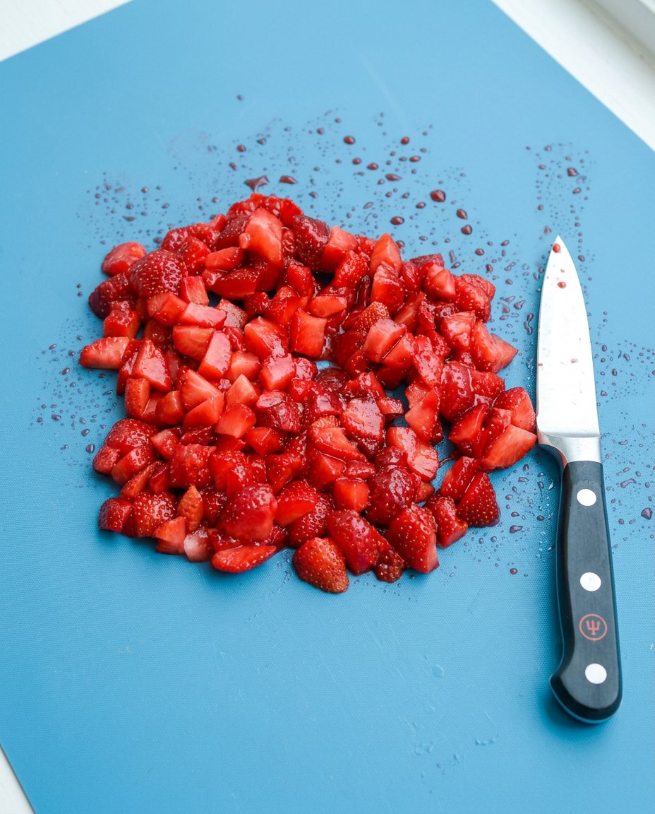 A wooden spoon handle poking holes into a chocolate cake followed by red syrup being poured.