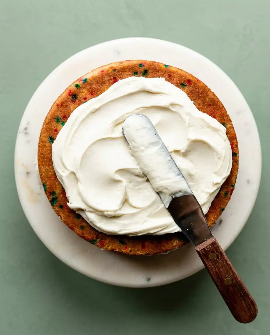 An offset spatula applying a thin layer of frosting to a Funfetti Birthday Layer Cake.