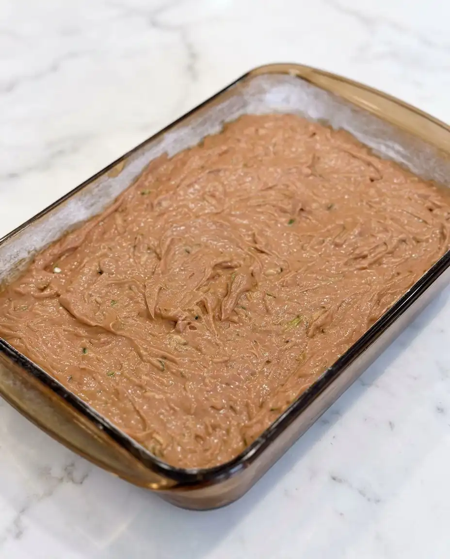 Chocolate Zucchini Cake with Walnuts 15 A 9x13 baking pan filled with chocolate zucchini cake with walnuts batter.