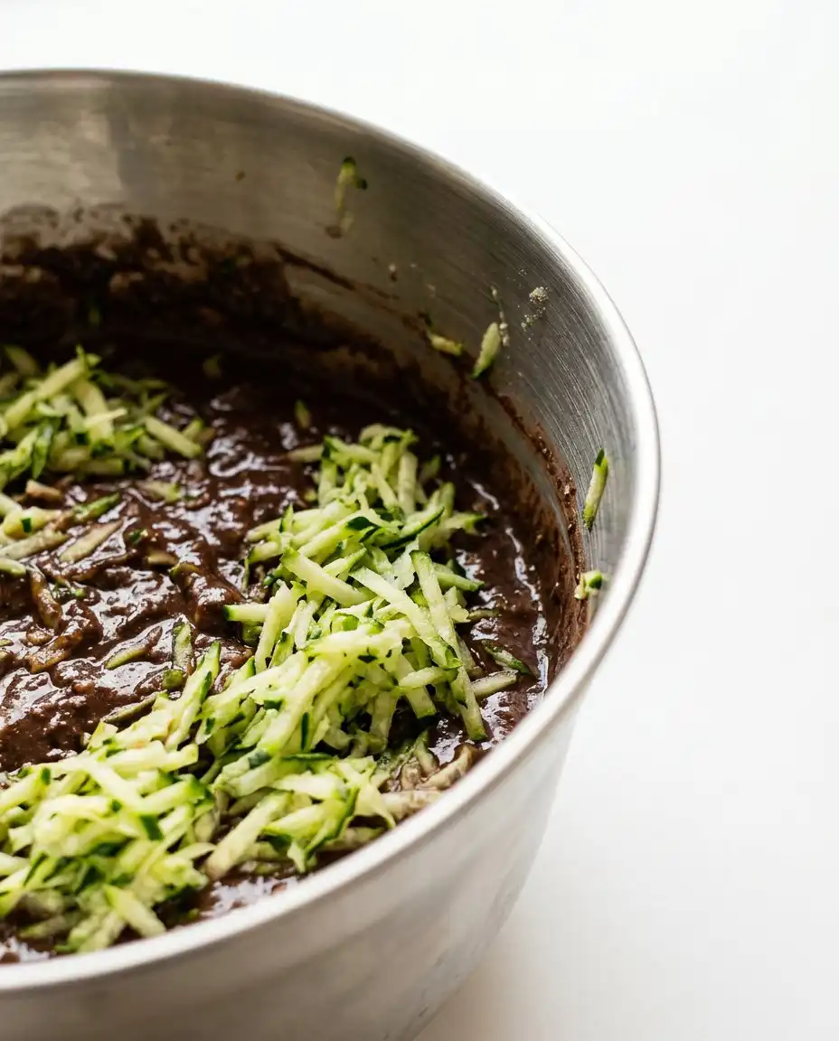 The Gluten-Free Chocolate Zucchini Cake batter spread evenly in a square baking pan.