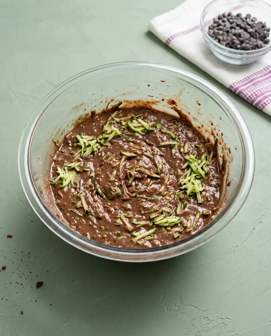 Chocolate Zucchini Cake 15 Dark chocolate batter with chocolate chips spread in a square baking pan.