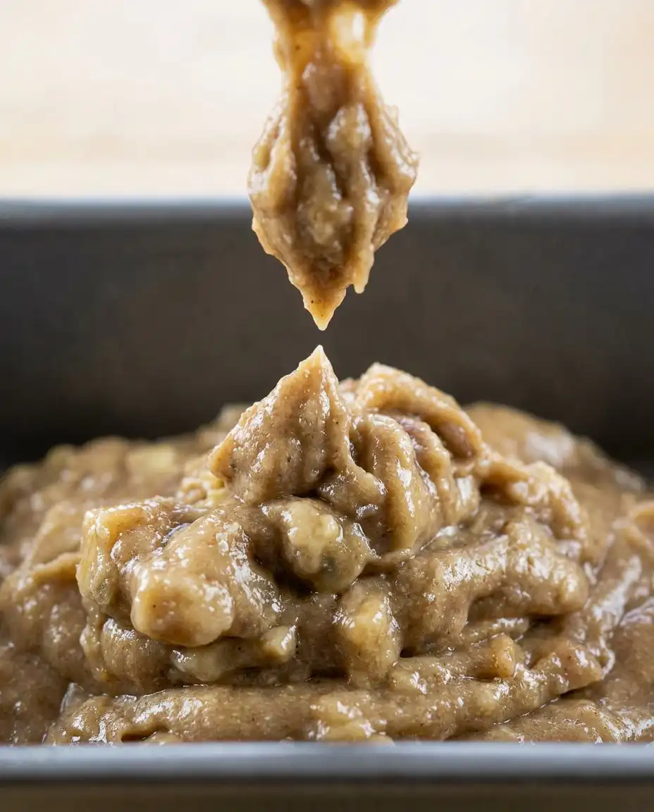 Thick brown batter for apple zucchini bread poured into a greased metal loaf pan.