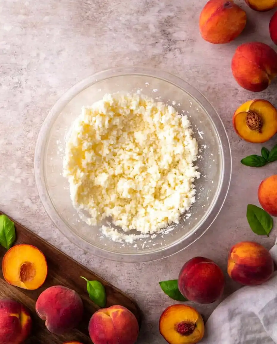 Patti Labelle’s Peach Cobbler 13 A hand brushing egg wash over the top crust of a peach cobbler