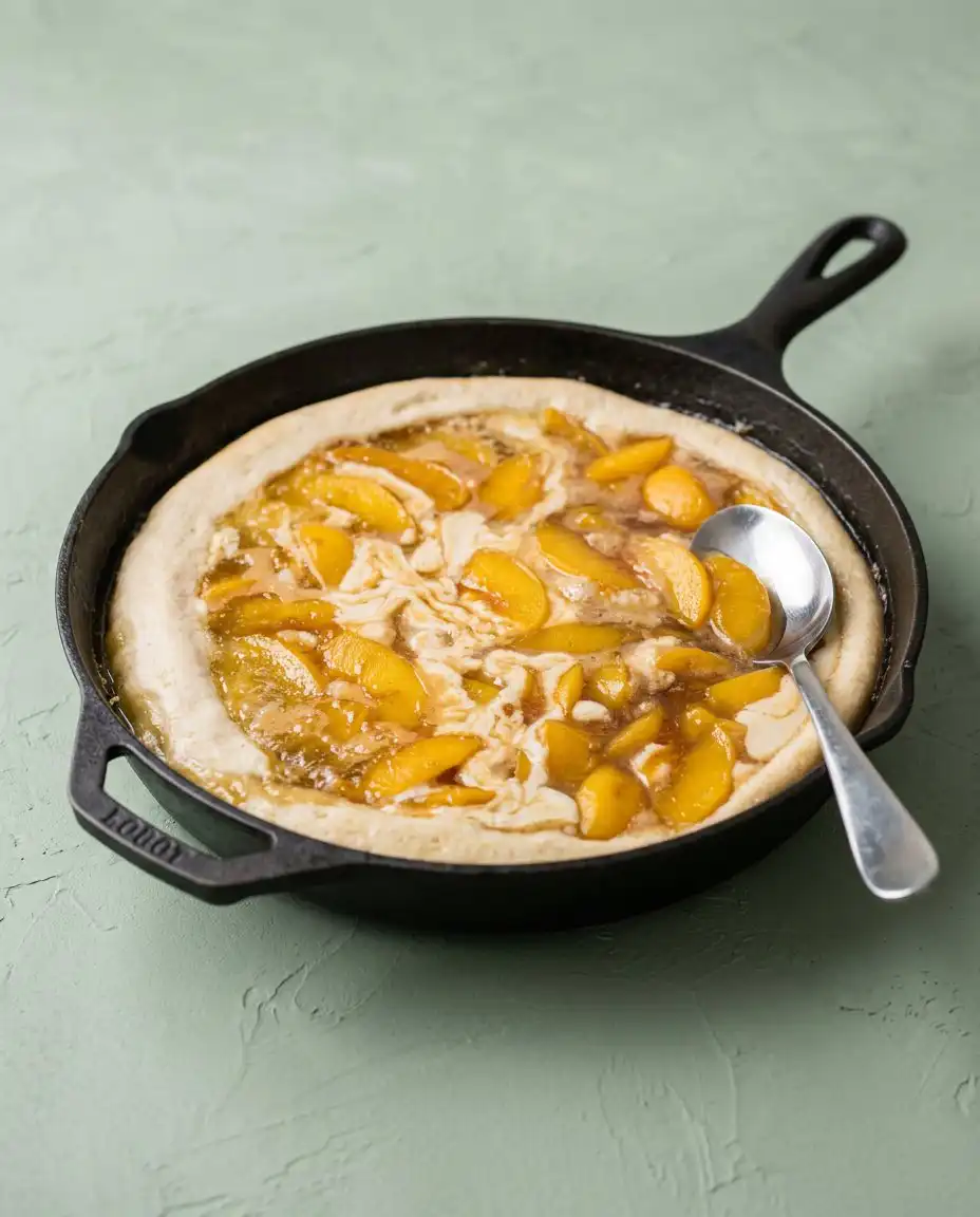 Classic Peach Cobbler Dump Cake 15 Small pieces of butter scattered over yellow cake mix for Classic Peach Cobbler Dump Cake.