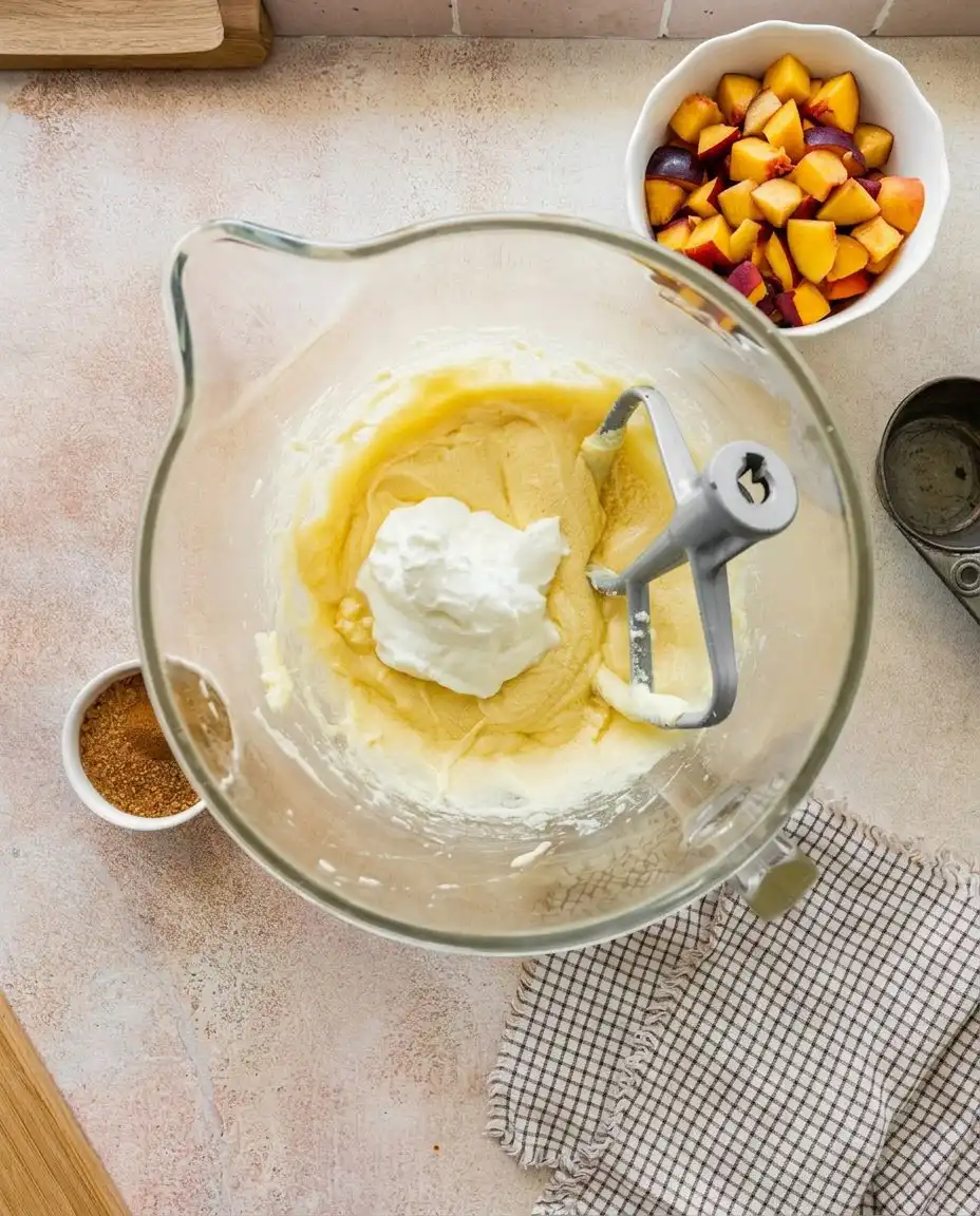 Peach cobbler batter and fruit layered in a baking dish before being put in the oven