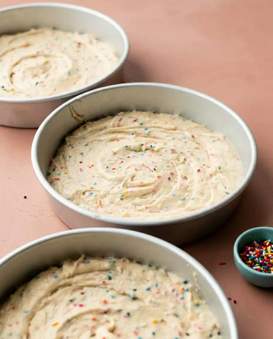 Bowls of cake flour, butter, sugar, and rainbow sprinkles for Funfetti Birthday Layer Cake.