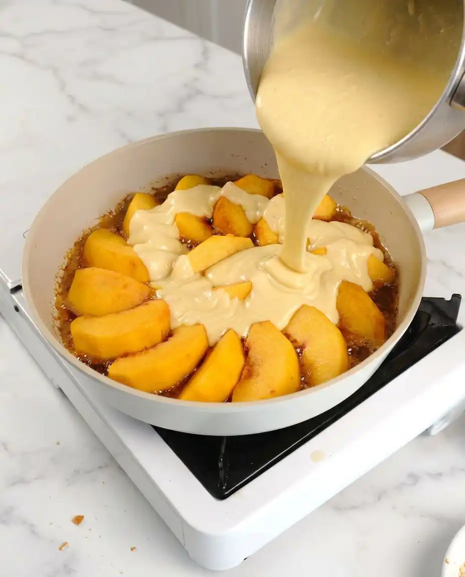 Amber caramel and peach slices arranged in a pan for No Bake Caramel Peach Upside Down Cake.