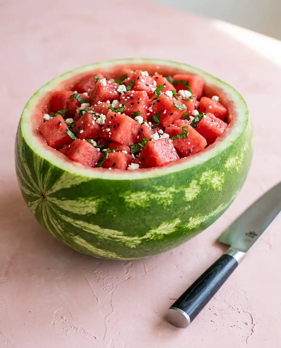 Fresh Watermelon Layer Cake 15 A chef using a knife to smooth the edges of a Fresh Watermelon Layer Cake tier.