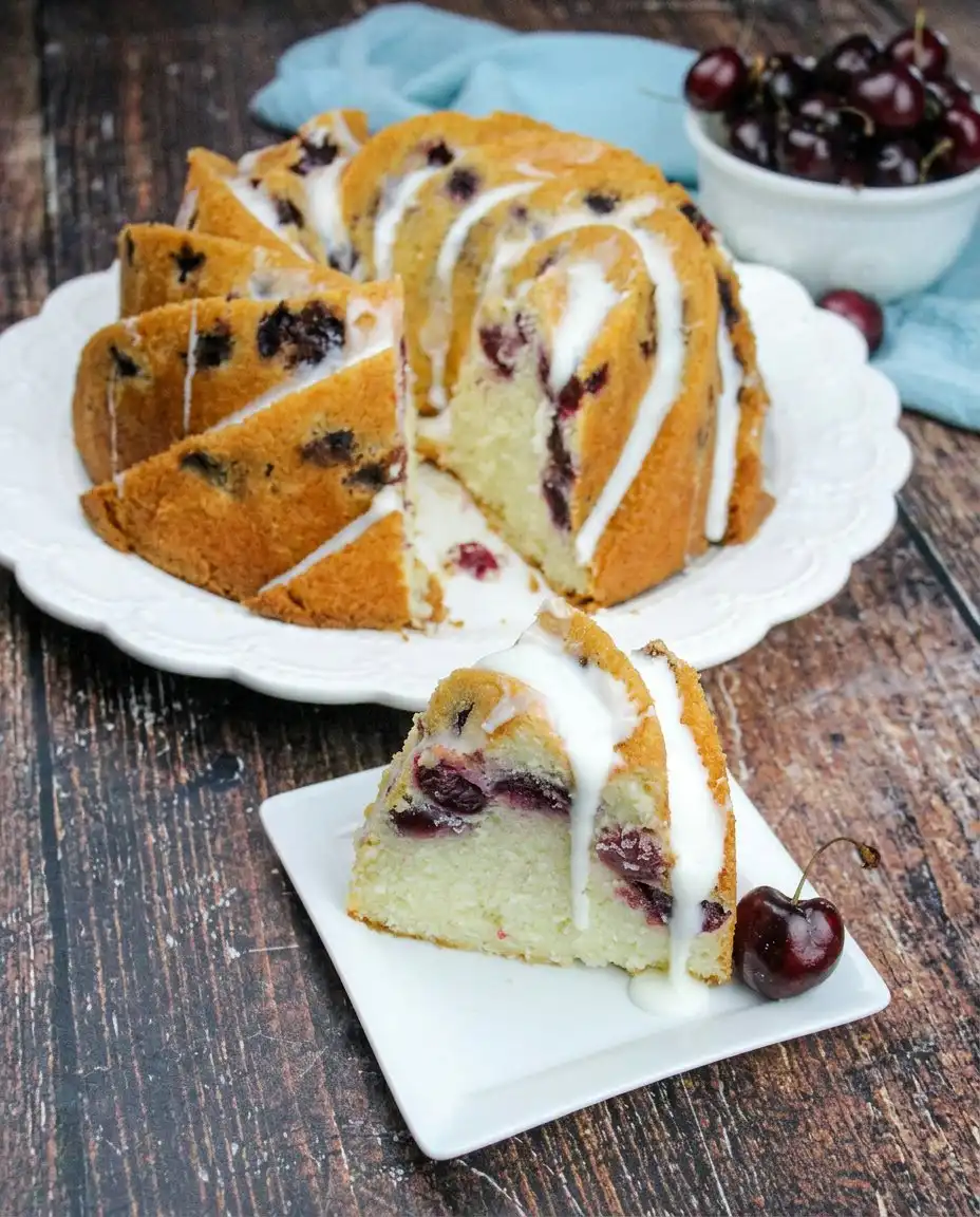 Cherry Amaretto Bundt Cake 10 A Cherry Amaretto Bundt Cake showing the golden crust and internal cherry distribution.