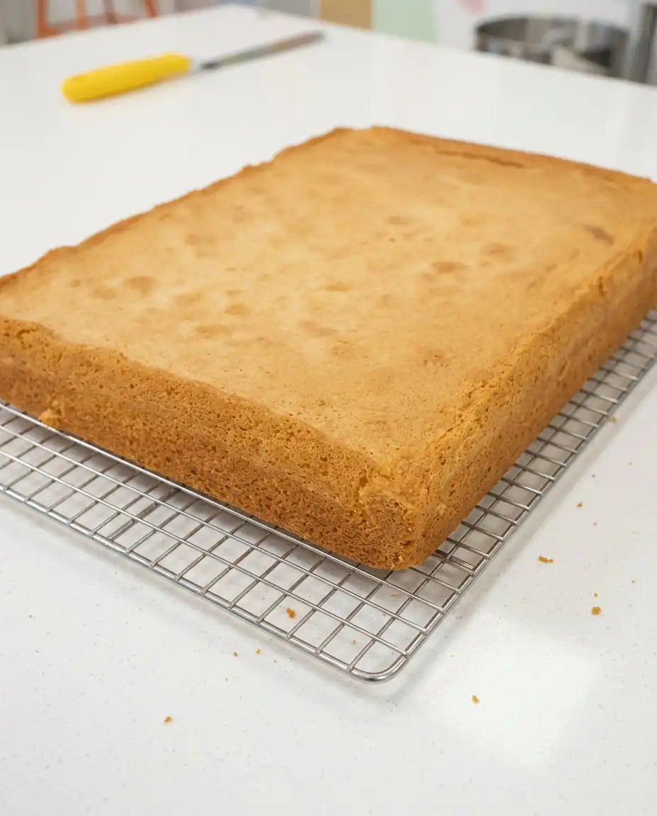 The Best Strawberry Sheet Cake being sliced with a hot knife for clean edges.