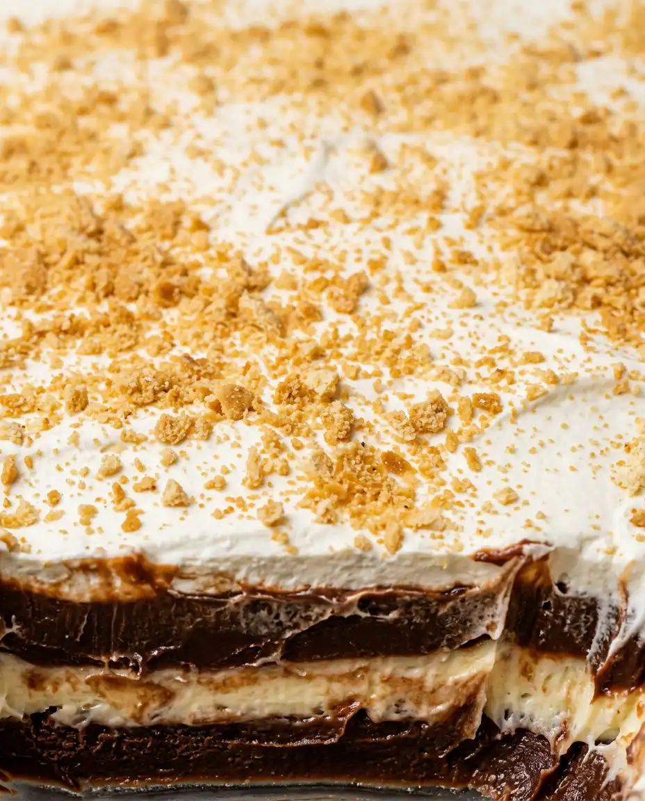 Chocolate Delight 10 A side view of Chocolate Delight showing four distinct layers of pecan crust, cream cheese, chocolate pudding, and whipped topping.