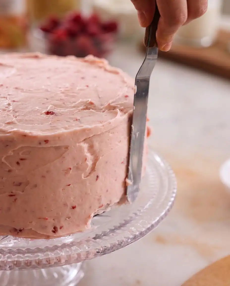 Close up of smooth strawberry buttercream for chocolate strawberry cake