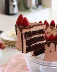 A tall chocolate strawberry cake with pink buttercream layers and chocolate ganache drips